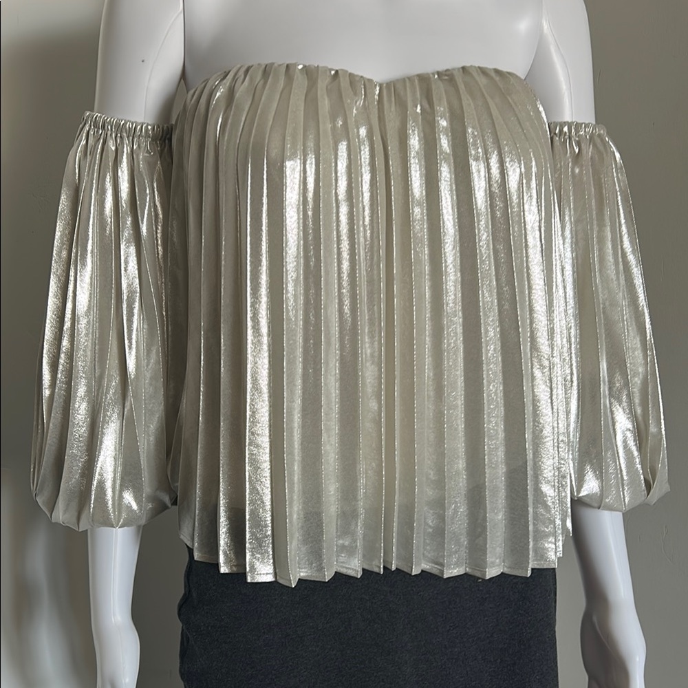Express, Women’s Size M Metallic Pleated Elegant Off-Shoulder Ballon Top - Picture 2 of 7